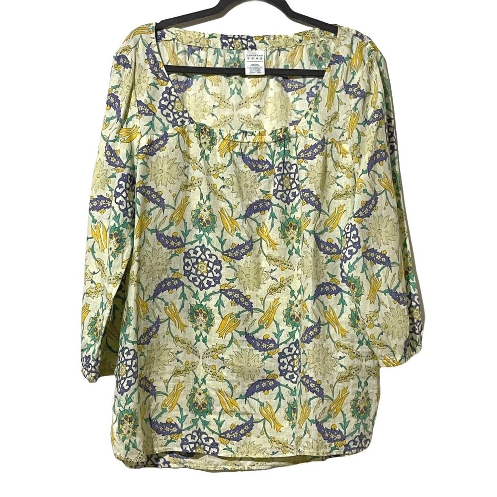 Lands’ End 100% linen women's size L yellow floral square neck long sleeve top